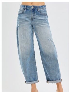 184. Risen Barrel Slouchy Medium Blue Ankle Length Cuffed Denim Jeans NEW